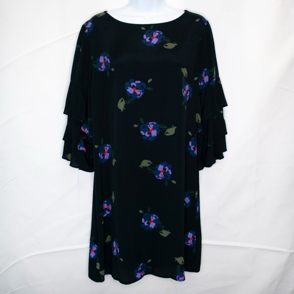 Sanctuary Dark Floral Shift Dress Womens S Small Black Ruffle Sleeve Casual N14
